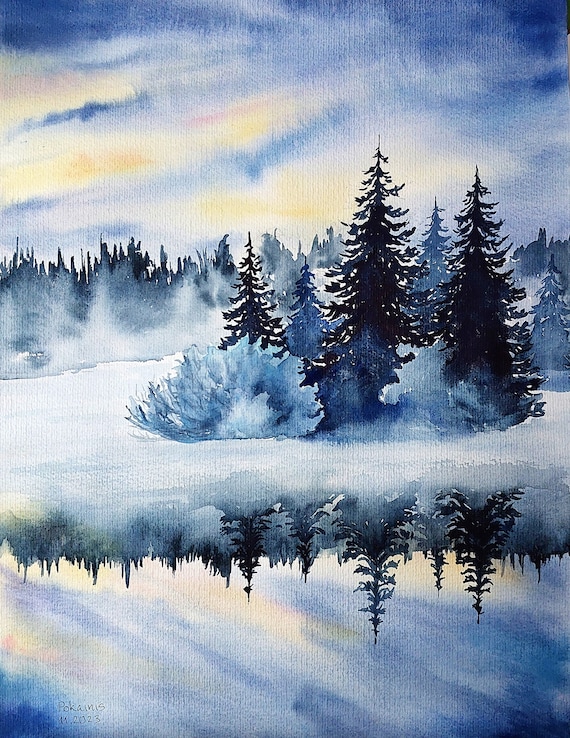 オリジナル水彩画「冬の森の絵画」雪景色（12x16インチ） - Etsy 日本