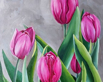 花の静物画のオリジナル油絵、植物のファインアート、花の静物画の