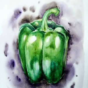 Green pepper original watercolor painting, vegetable wall art, fruit still life painting, kitchen artwork, botanical fine art, food painting
