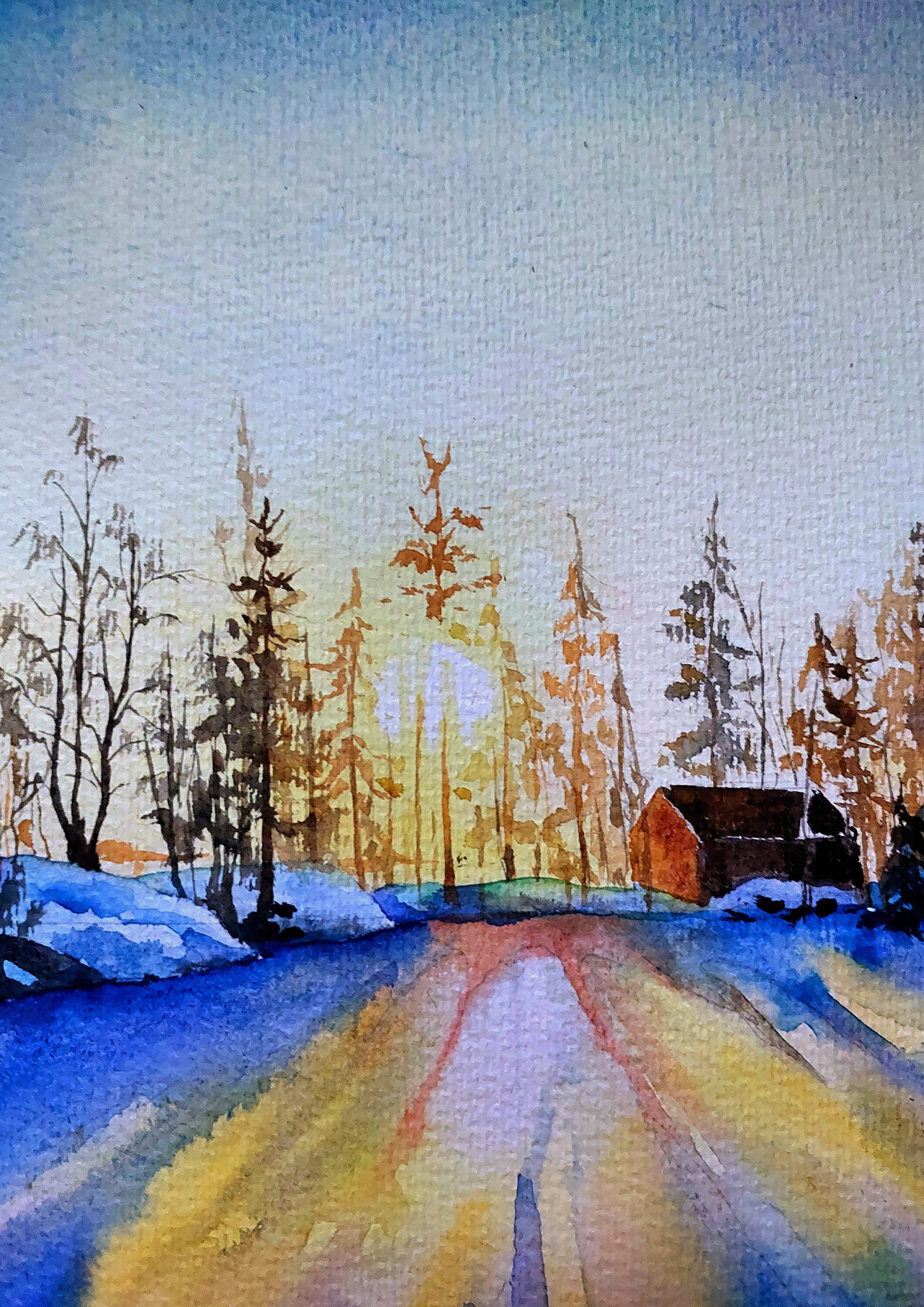 オリジナル冬の夕焼け水彩画、森の風景、16x12 - Etsy 日本