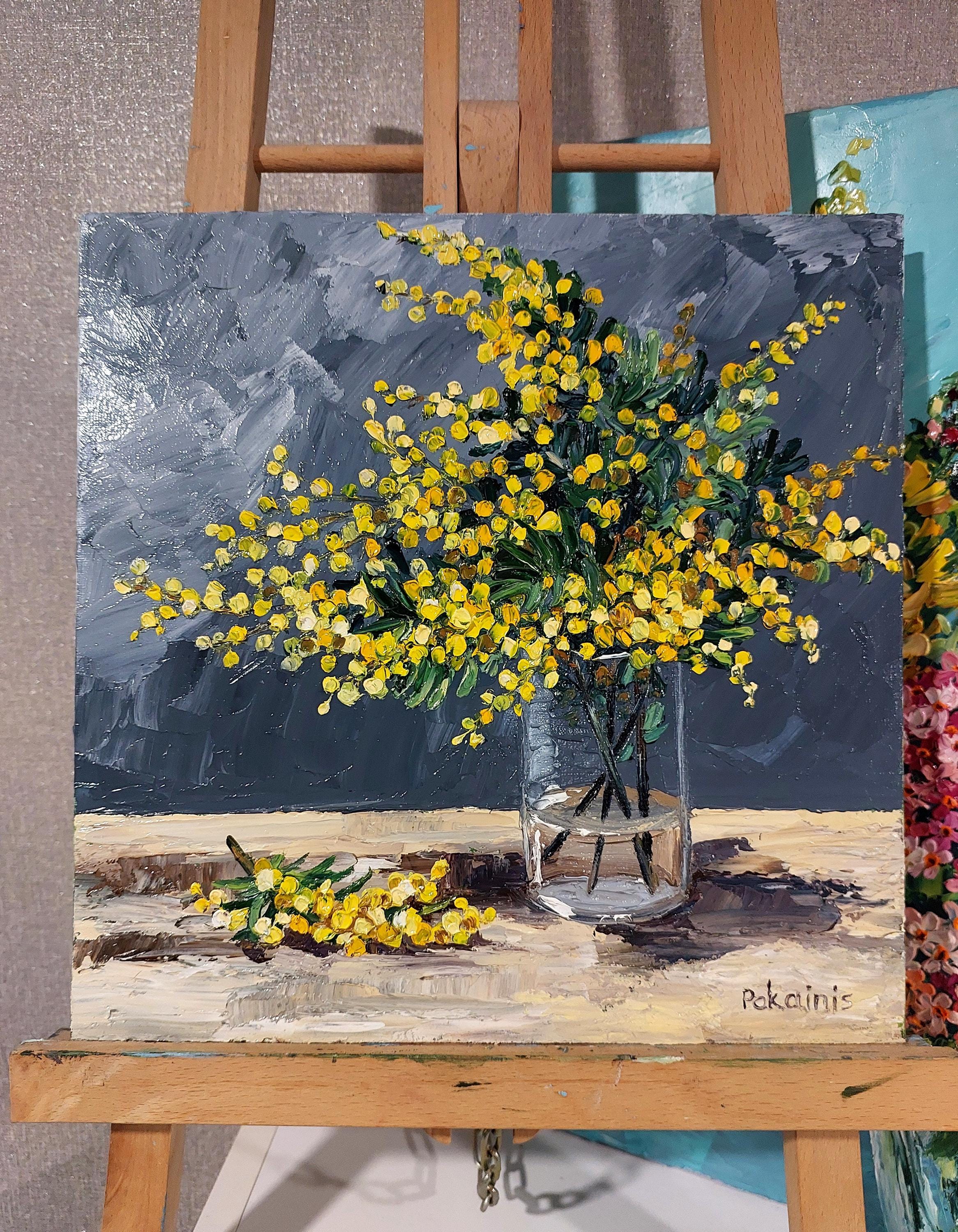 オリジナルの厚塗り油絵、花の静物画、植物のアートワーク、ミモザの