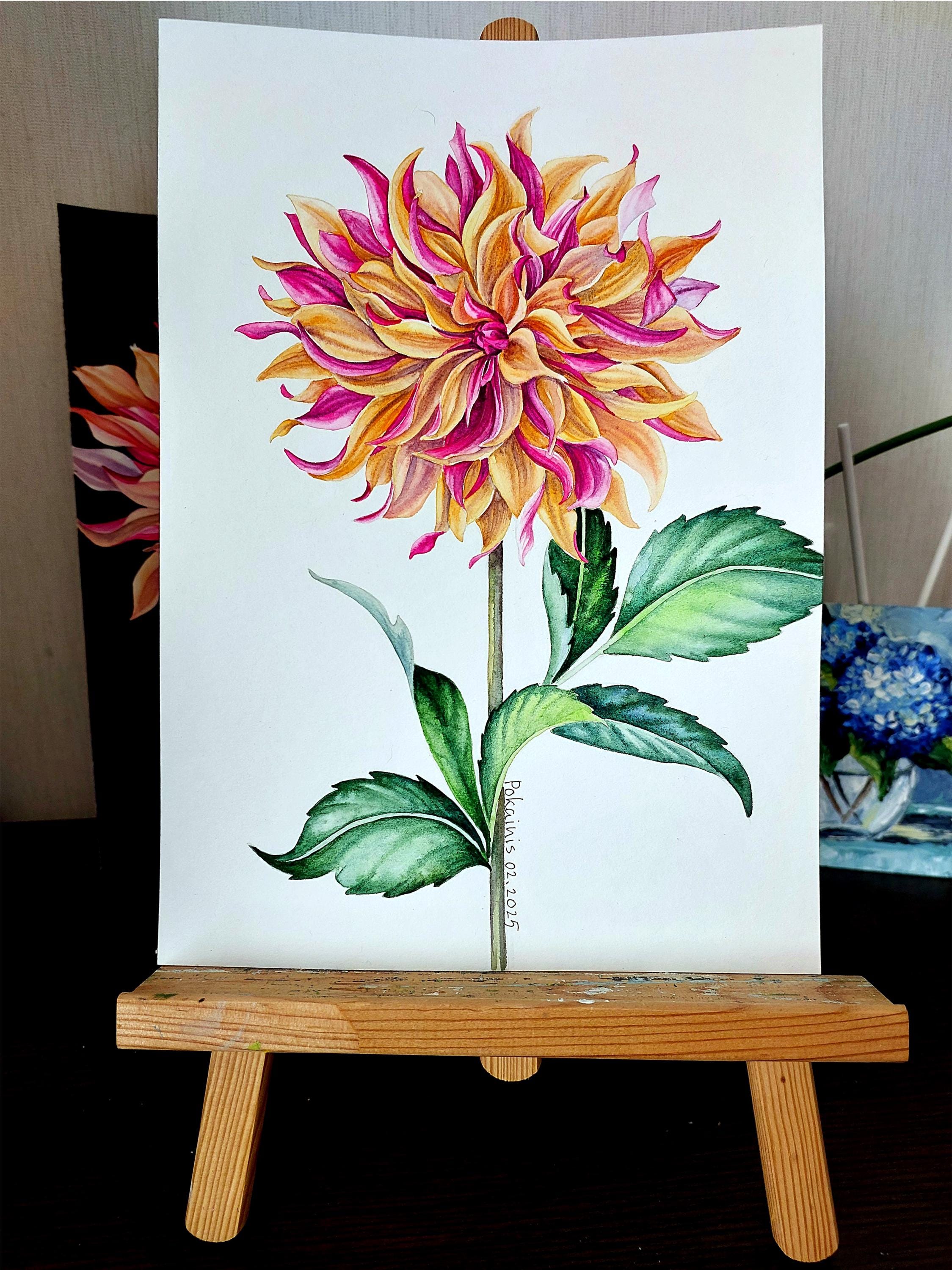 オリジナル水彩画、花の絵画、花の壁アート、ダリアの絵画、一輪の花の