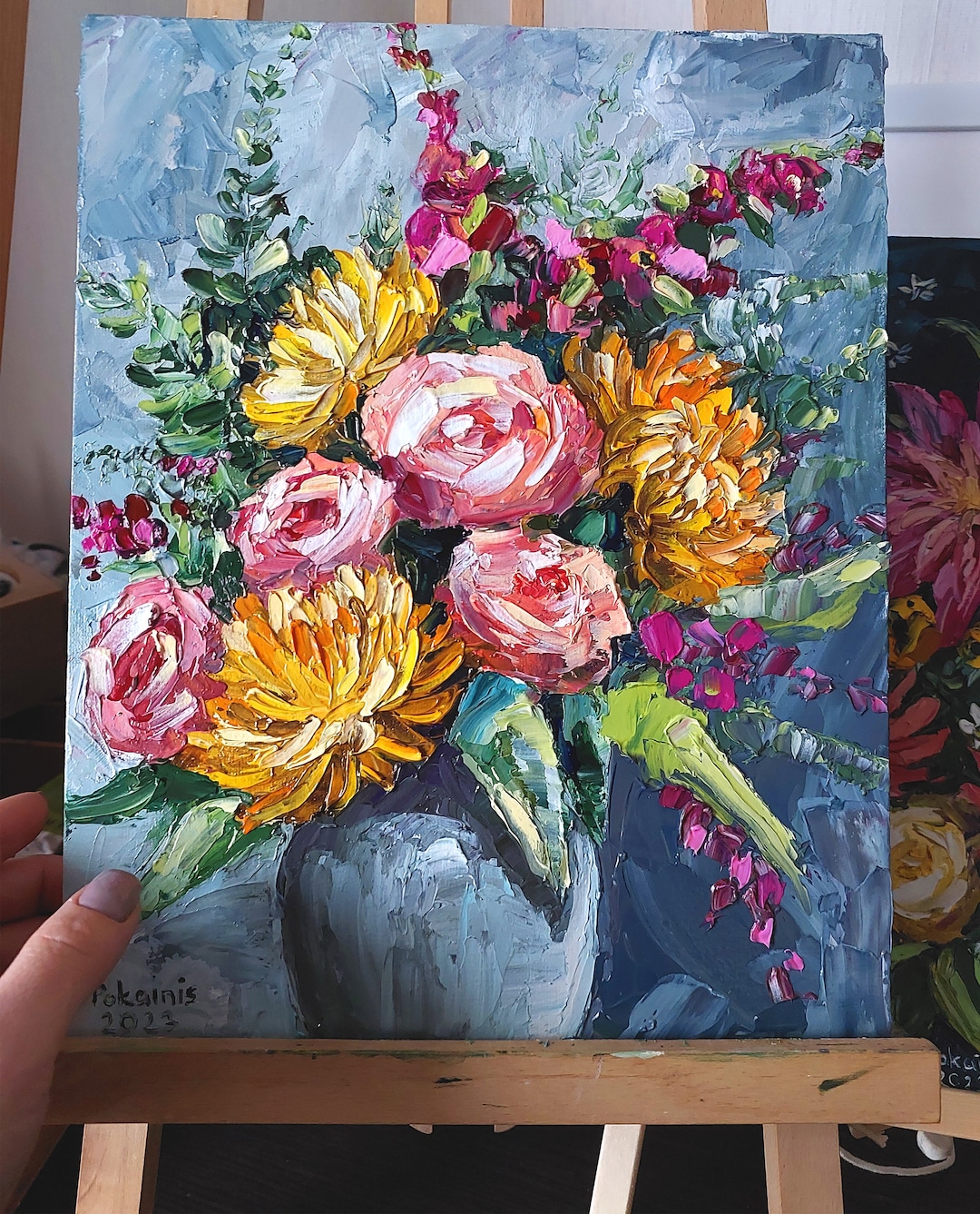 ハン・ビー 　風水画　油絵　絵画　白い花　新品未使用　 45×45㎝ 花のオリジナル油絵、バラの花の静物画の壁アート、花束の厚塗り油絵