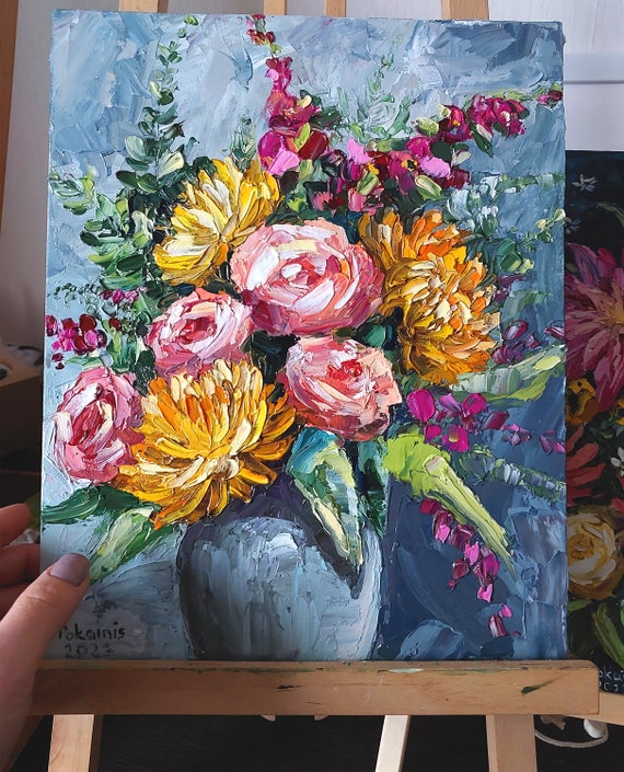 花のオリジナル油絵、バラの花の静物画の壁アート、花束の厚塗り油絵