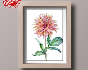 オリジナル水彩画、花の絵画、花の壁アート、ダリアの絵画、一輪の花の