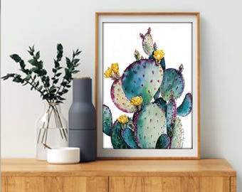 オリジナル水彩画、アリゾナの風景画、多肉植物の壁アートサボテンの