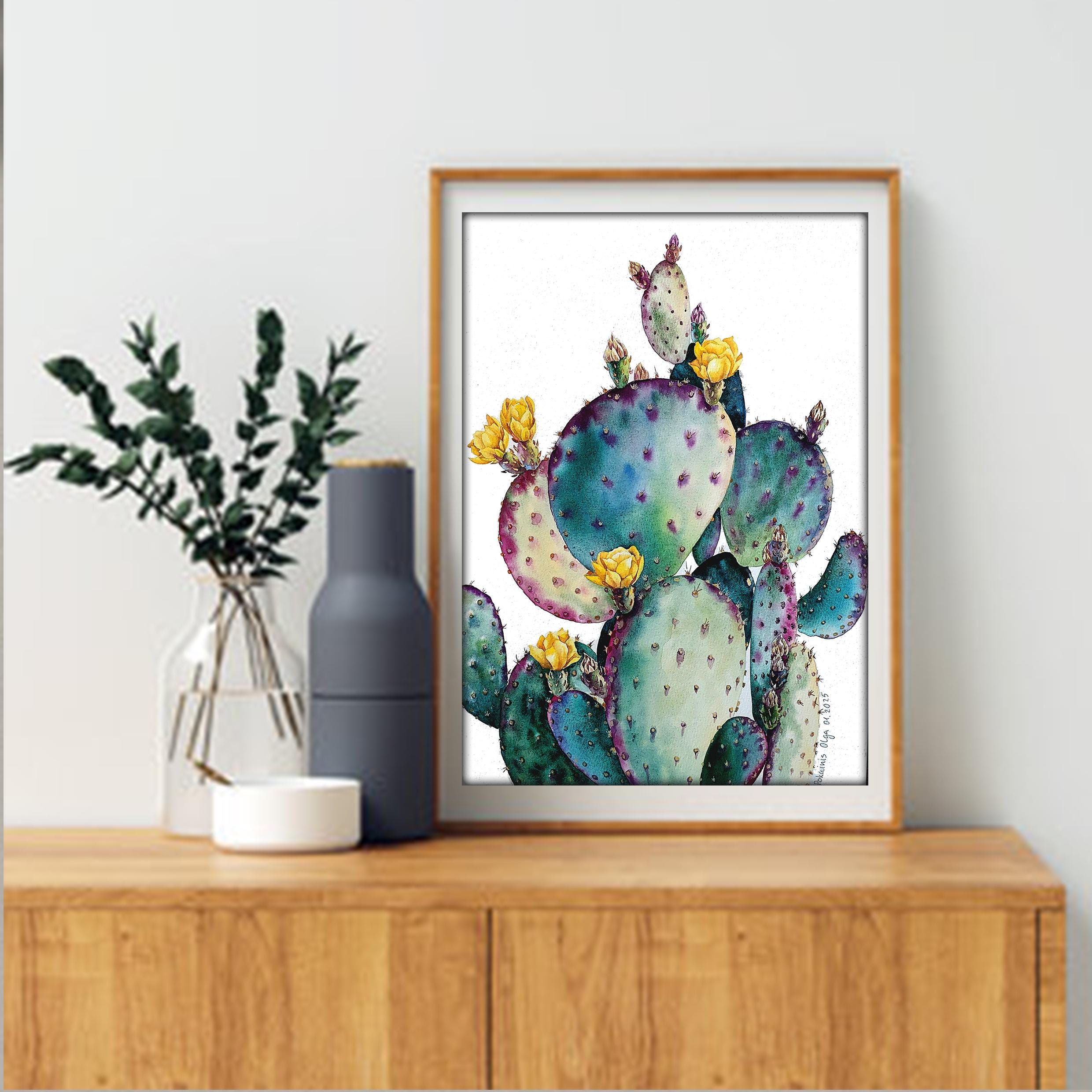 オリジナル水彩画、アリゾナの風景画、多肉植物の壁アートサボテンの