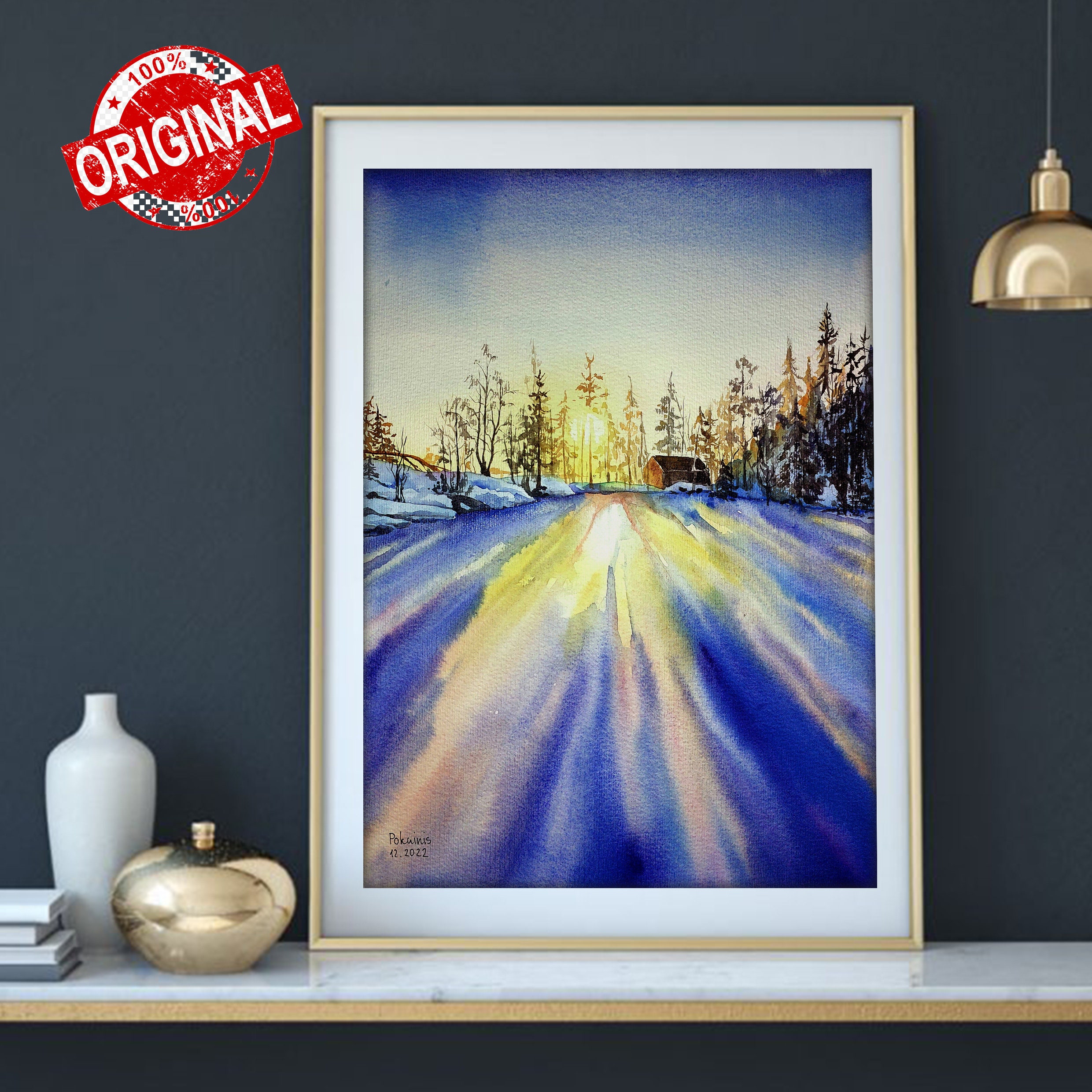 オリジナル冬の夕焼け水彩画、森の風景、16x12 - Etsy 日本