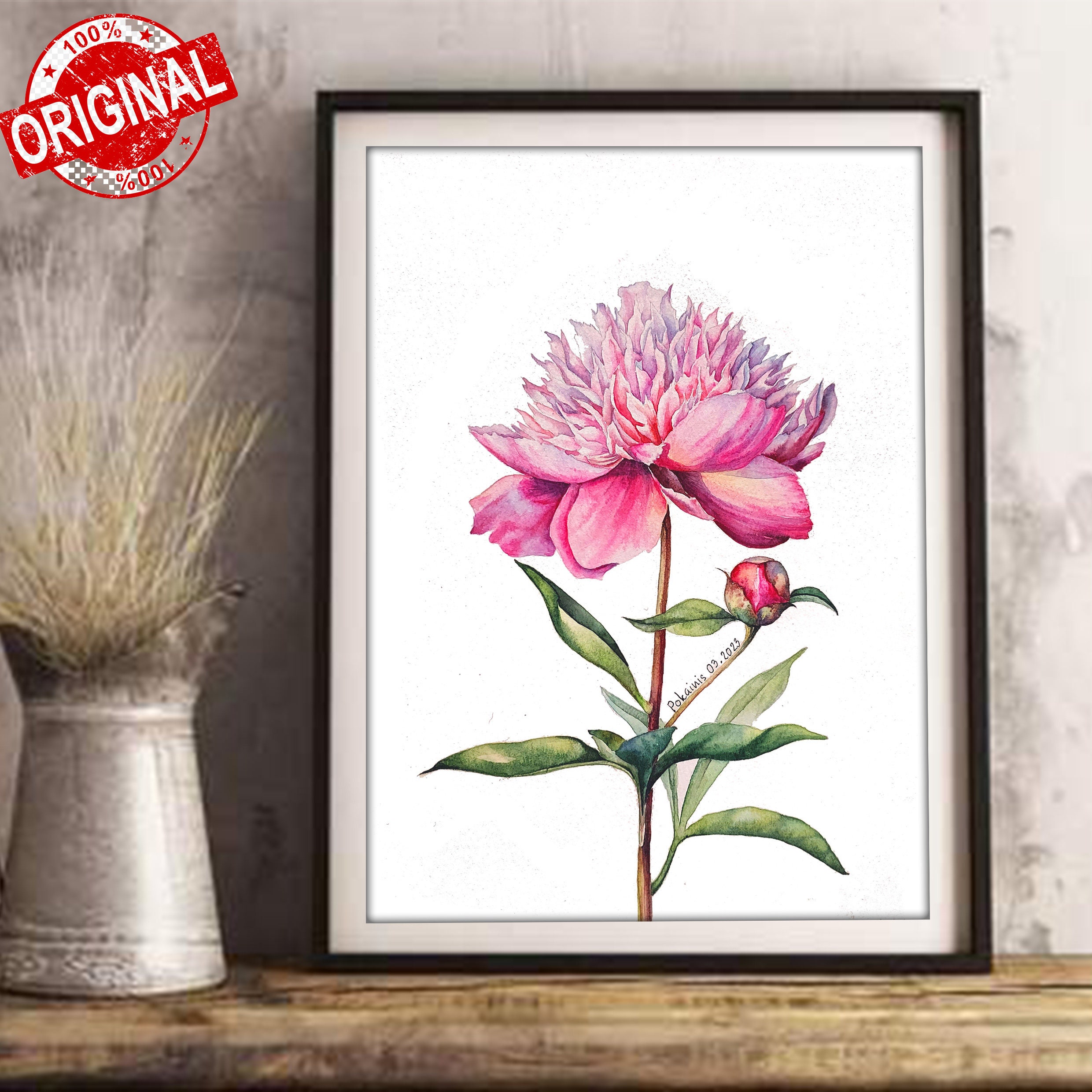 オリジナルの水彩画、ピンクの牡丹、植物画、花の静物画 - Etsy 日本