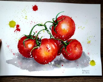 水彩画 トマト 赤色 手描き 水彩画 トマト 赤色 手描き 水彩画 トマト 赤色 手描き