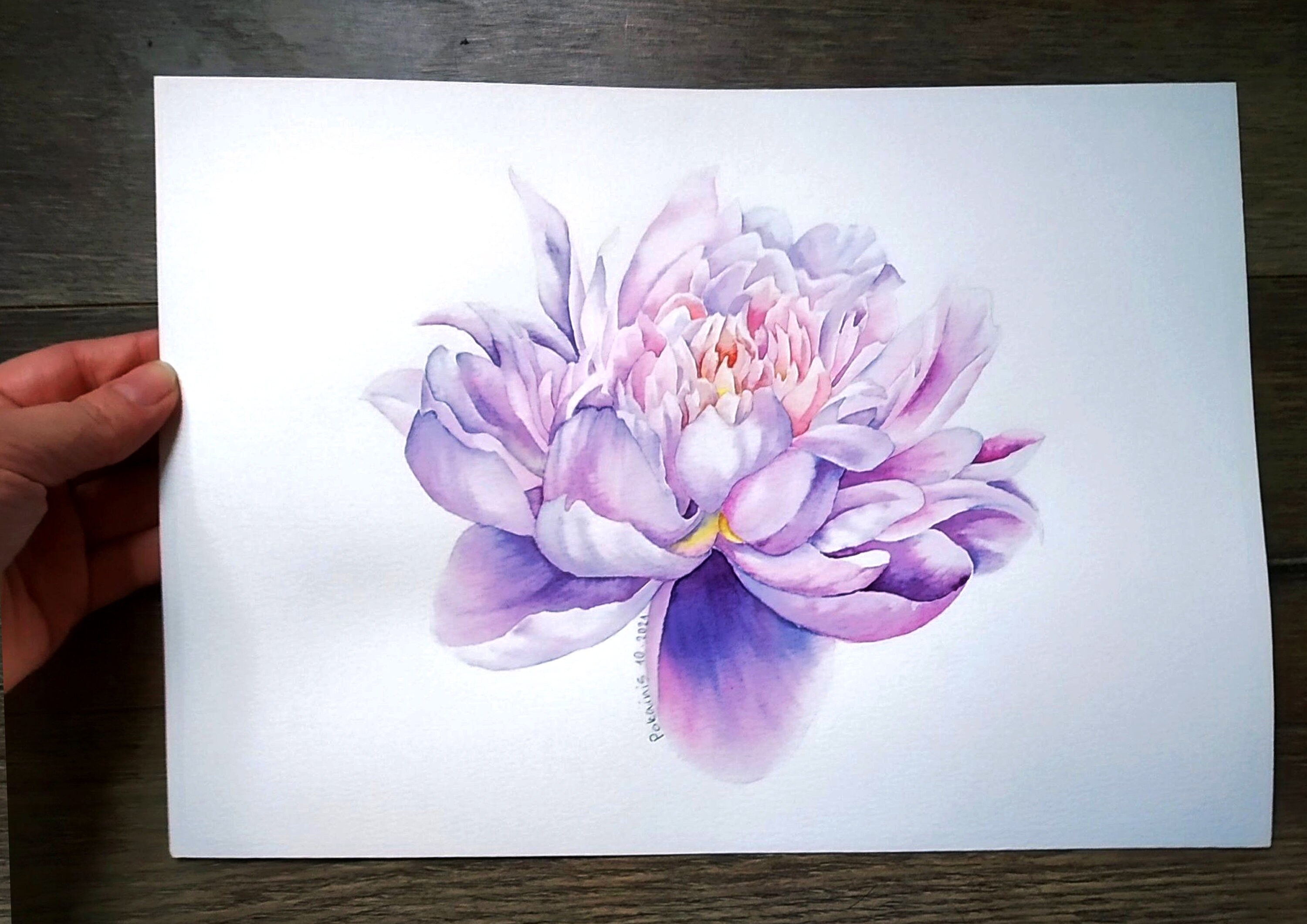牡丹のオリジナル水彩画、一輪の花の美術、植物の壁画、誕生花のギフト