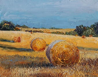 Original impressionist oil painting: Hay Bales Landscape - 9x11 Farmhouse Fine Art, Impasto Original Artwork