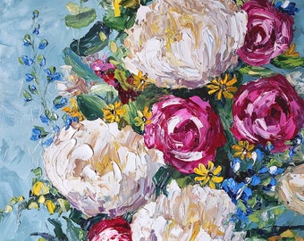 Original peony oil painting, pink flower artwork, bouquet flowers oil painting, botanical fine art, signed oil painting, floral still life