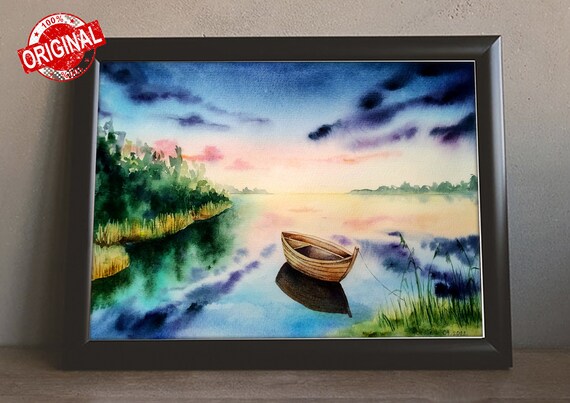水彩画 風景画 ボート 夕焼け 水彩画 夕日とボート 木製フレーム付き - メルカリ