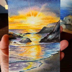 ACEO acquerello dipinto, opera d'arte originale, arte murale con paesaggio marino, piccolo dipinto oceanico 4*6 pollici, dipinto tramonto sulla spiaggia cartolina aceo belle arti