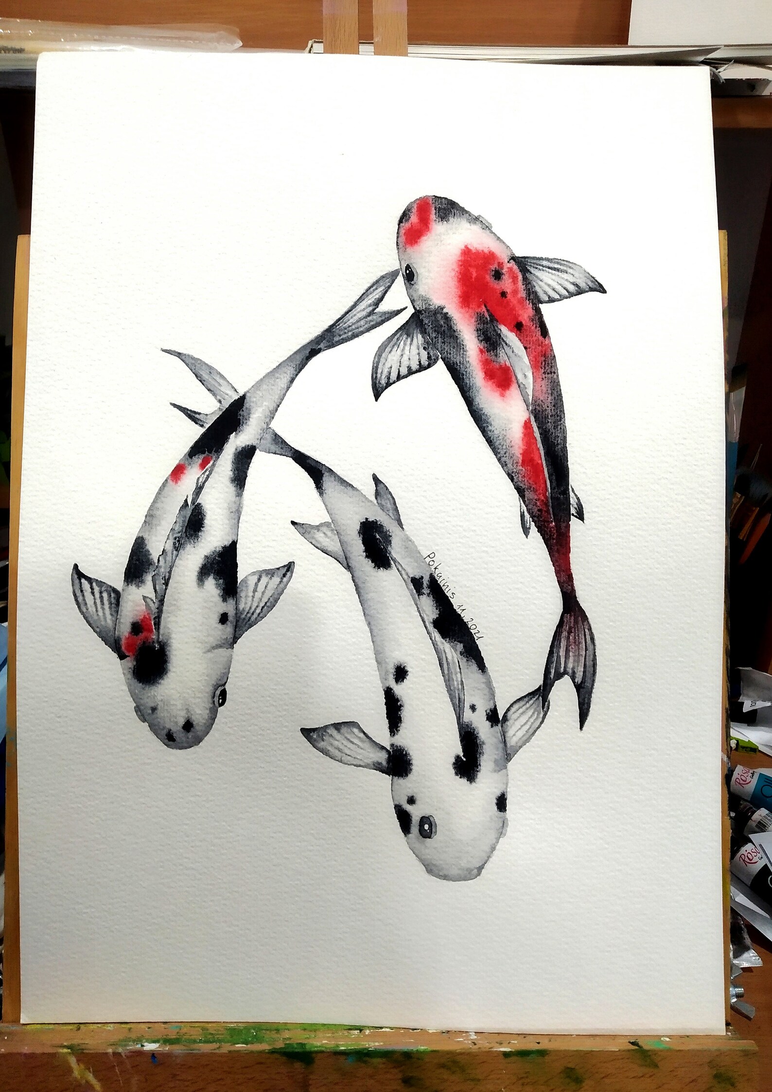 ORIGINAL Watercolor Painting Koi Fish Watercolor Black Wall Etsy