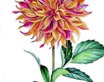 オリジナル水彩画、花の絵画、花の壁アート、ダリアの絵画、一輪の花の