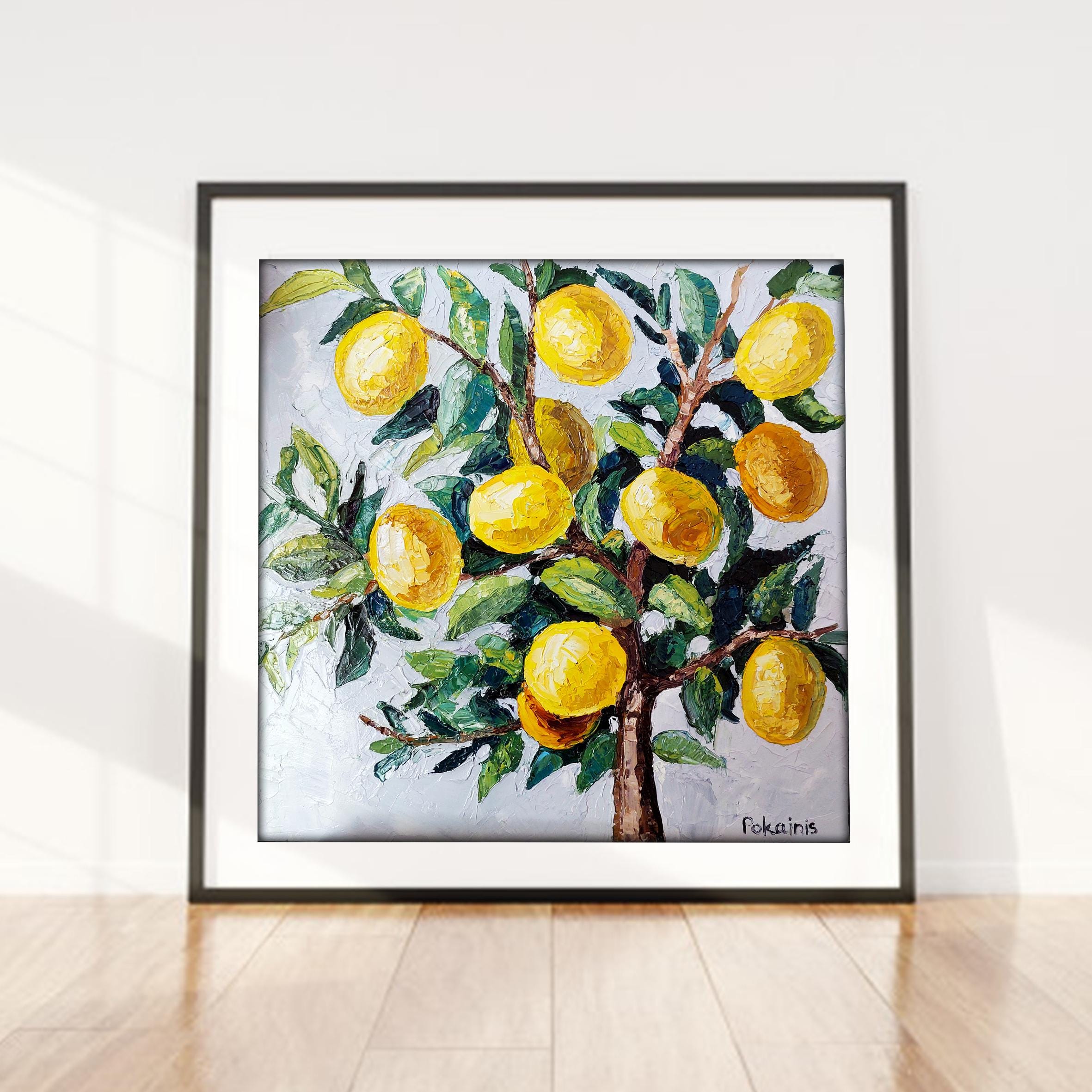 レモンの木のオリジナル油絵、フルーツの静物画の壁アート、野菜の