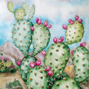 Dipinto ad acquerello di cactus, fico d'india, arte murale succulenta, dipinto di paesaggio, arte murale di cactus, opera d'arte originale, regalo per gli amanti dei cactus