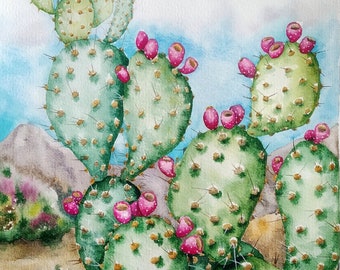 Cactus watercolor painting prickly pear cactus, succulent wall art, landscape painting, cactus wall art, original artwork, cactus lover gift