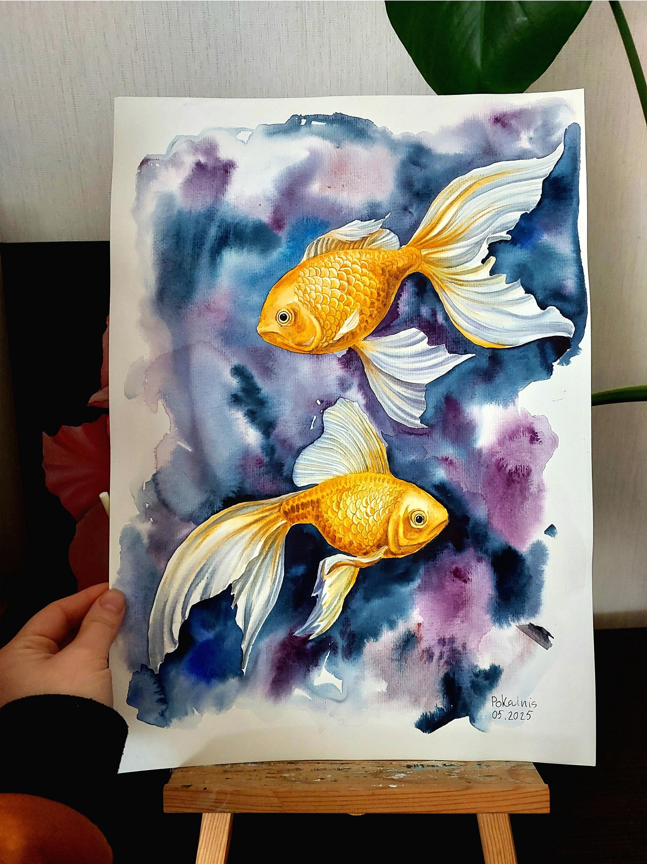 オリジナル水彩画、金魚の絵、禅の壁アート、オレンジ色の壁アート