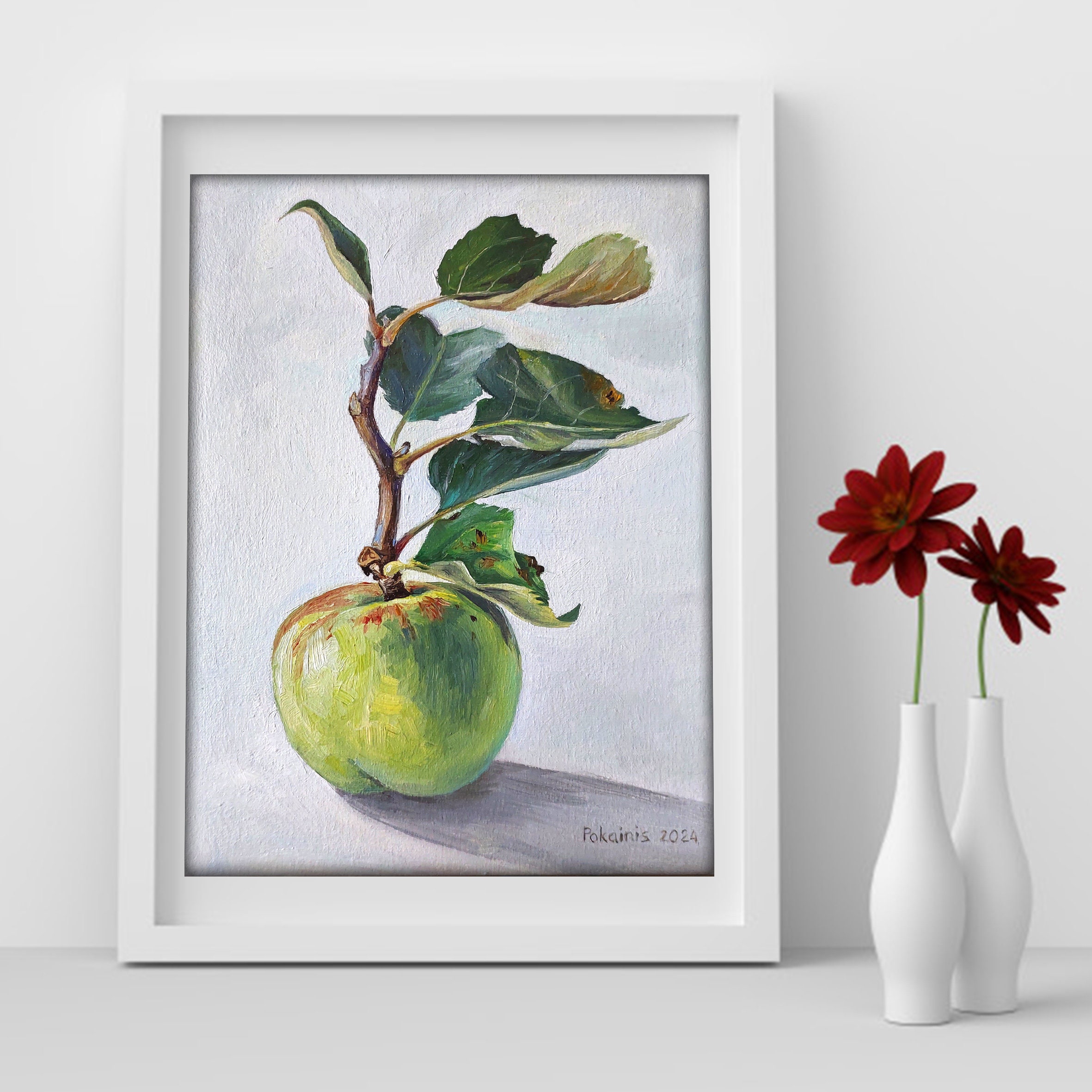 小さな油絵、オリジナルアート作品、リンゴの油絵、果物の静物油絵