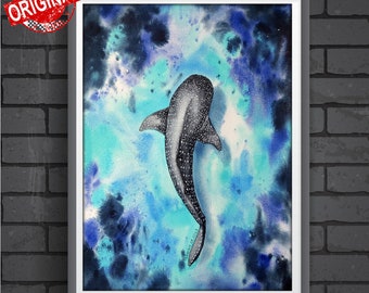 ジンベイザメ、オリジナル水彩画、水中画、暗い海、手作りの絵画