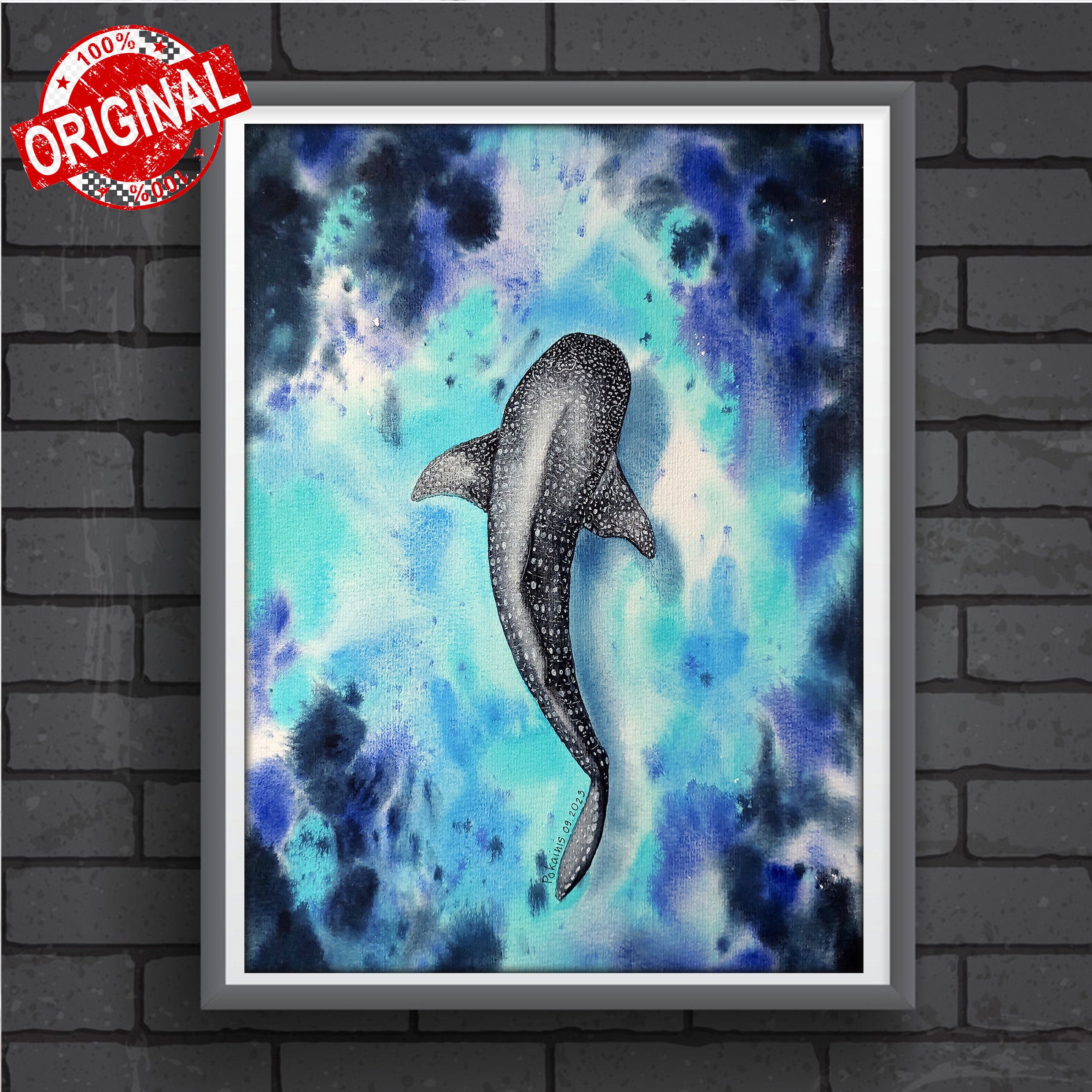 ジンベイザメ、オリジナル水彩画、水中画、暗い海、手作りの絵画