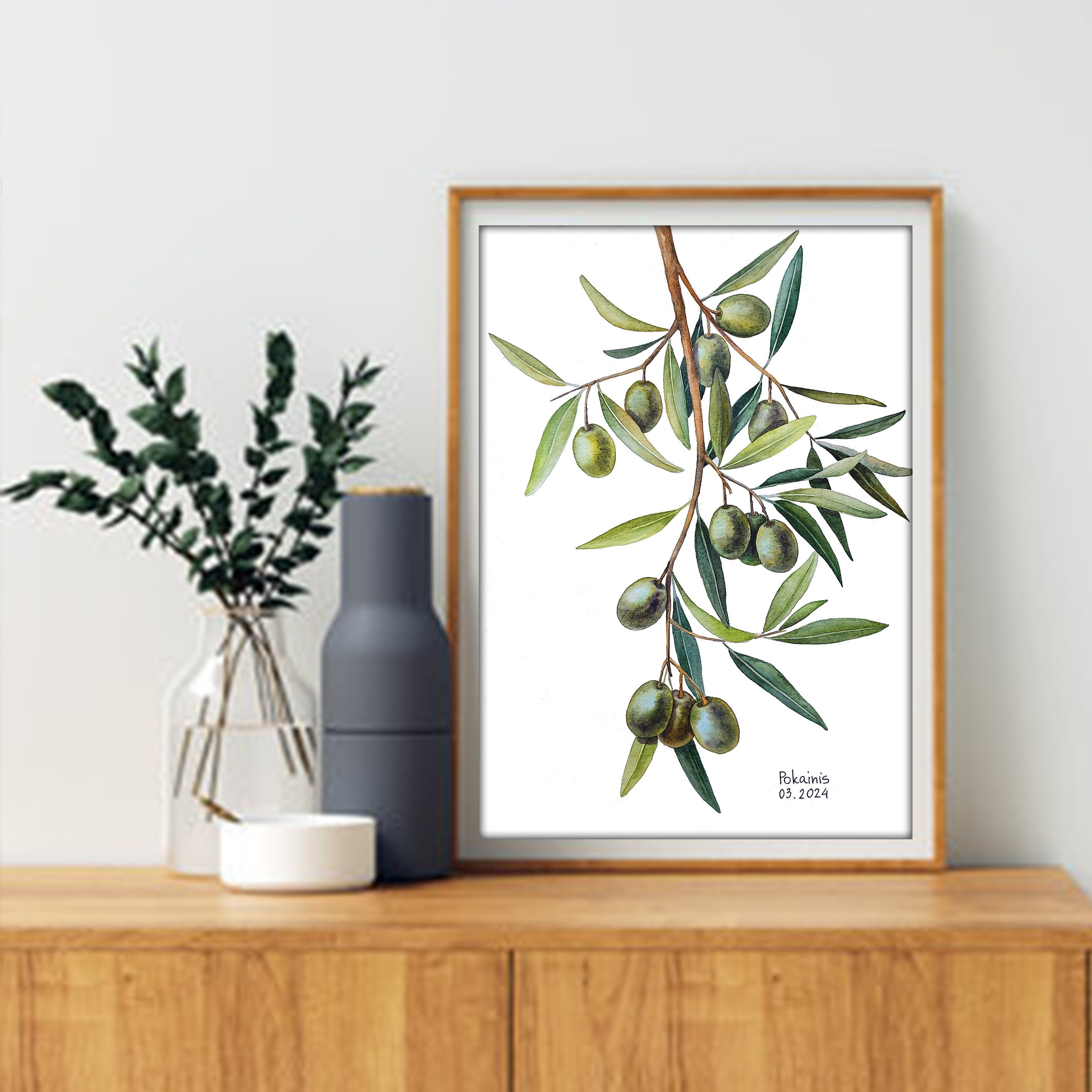オリーブの枝のオリジナル水彩画、食べ物のイラスト、ギリシャの植物の