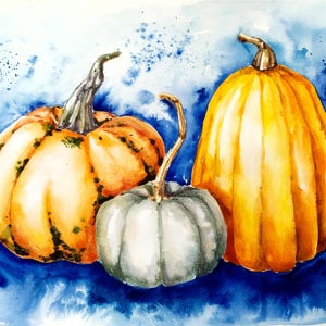 Pumpkin original watercolor painting, pumpkin picture, fruit still life, vegetables wall art, kitchen artwork, cute watercolor picture