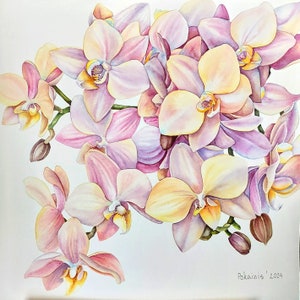 ORIGINAL watercolor painting, orchid blossom artwork, tropical flower wall art, pink flower painting, floral still life, orchid painting
