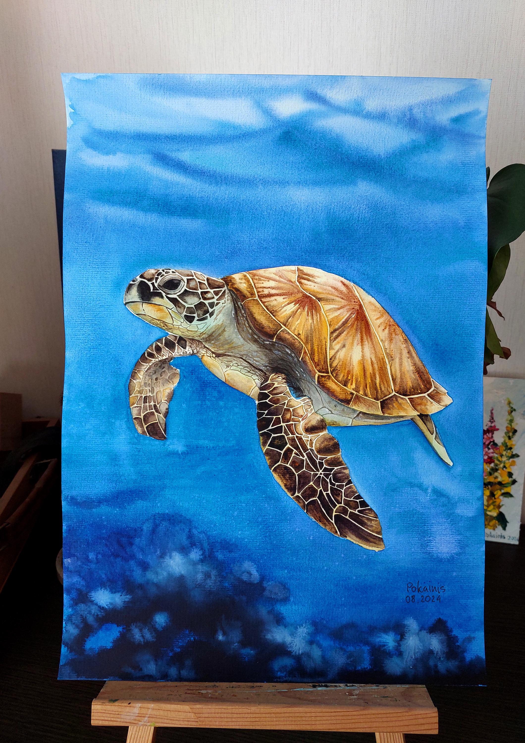 オリジナル水彩画、ウミガメの絵画、ウミガメの壁アート、海の動物の 