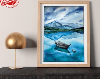 山の湖の風景を描いたオリジナル水彩画、ボート風景画 - Etsy 日本