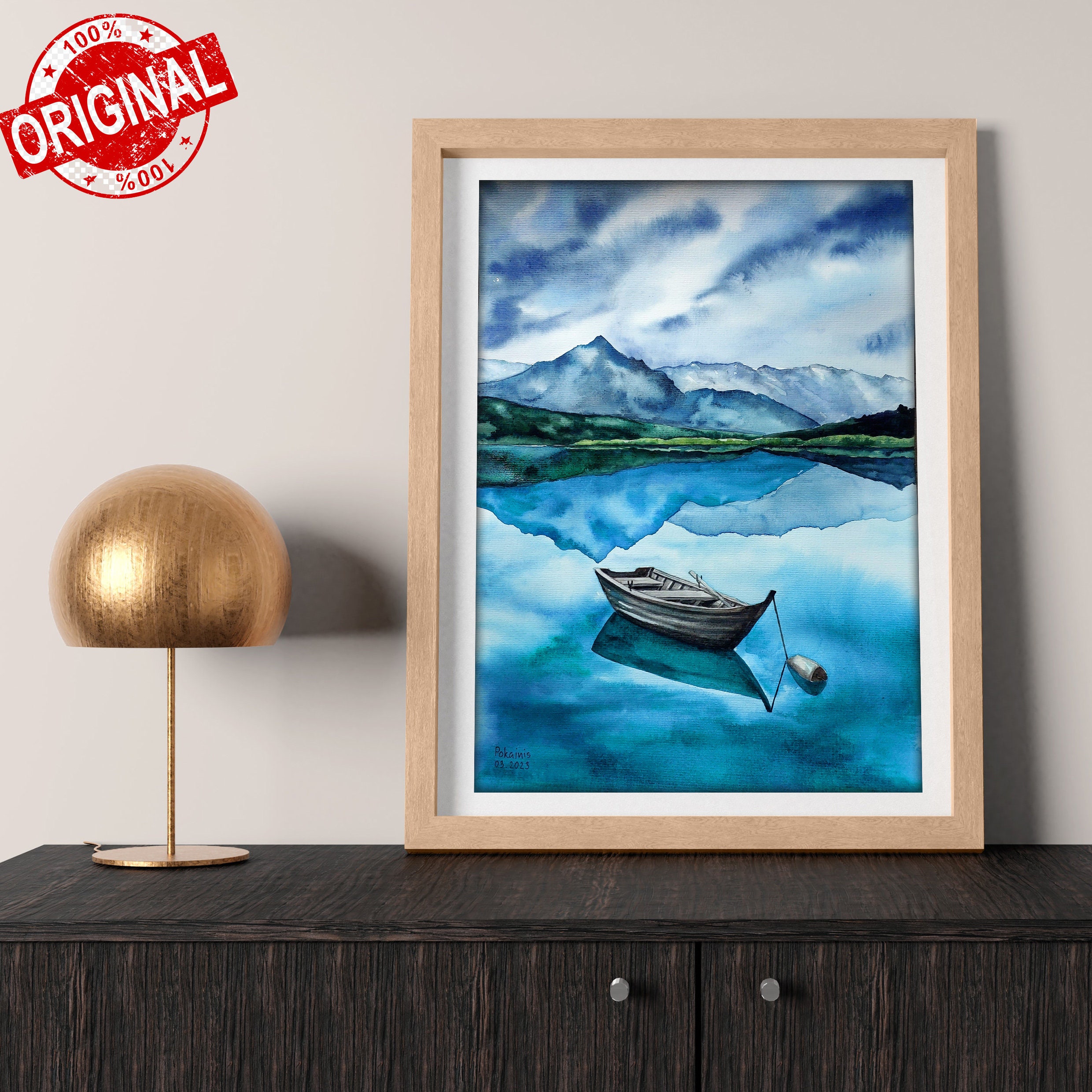山の湖の風景を描いたオリジナル水彩画、ボート風景画 - Etsy 日本