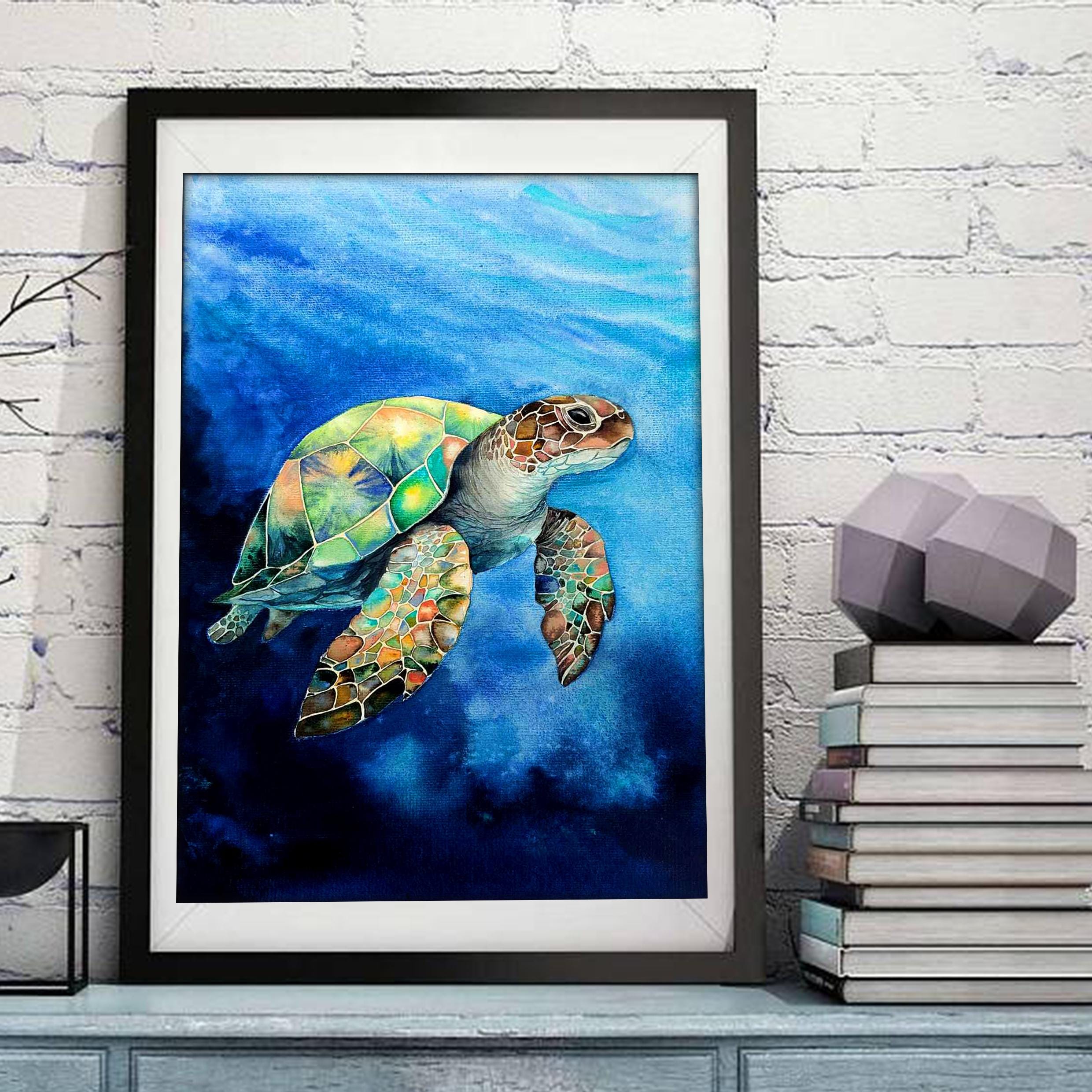 オリジナルの水彩画、ウミガメの絵画、海の動物のアートワーク、カメ