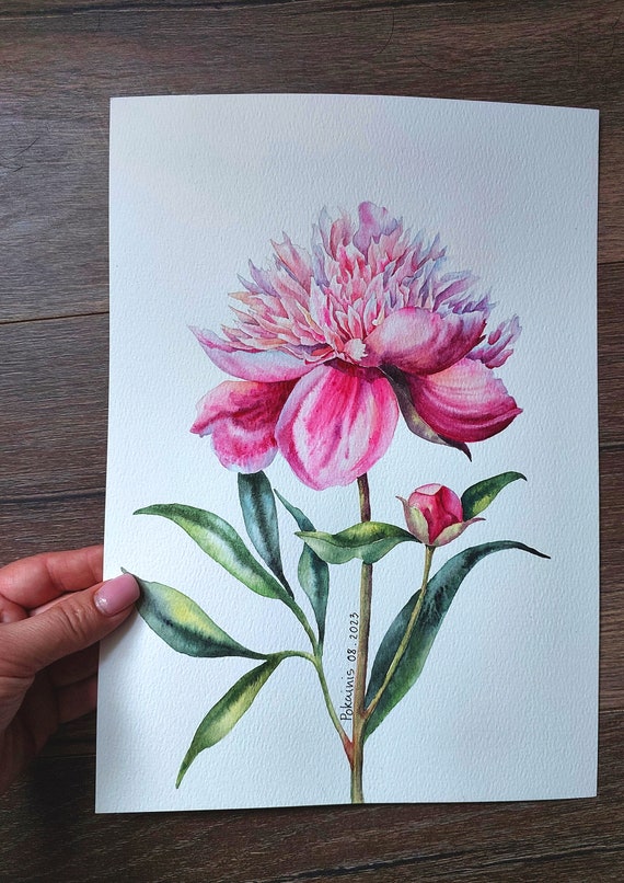 オリジナルの水彩画、ピンクの牡丹、植物画、花の静物画 - Etsy 日本