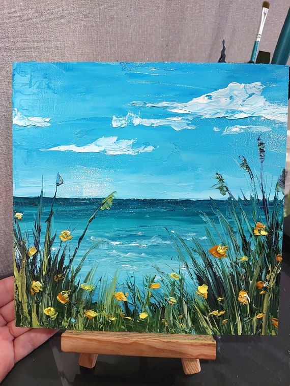 小さなオリジナル油絵、風景壁アート、海景アート、ビーチ壁