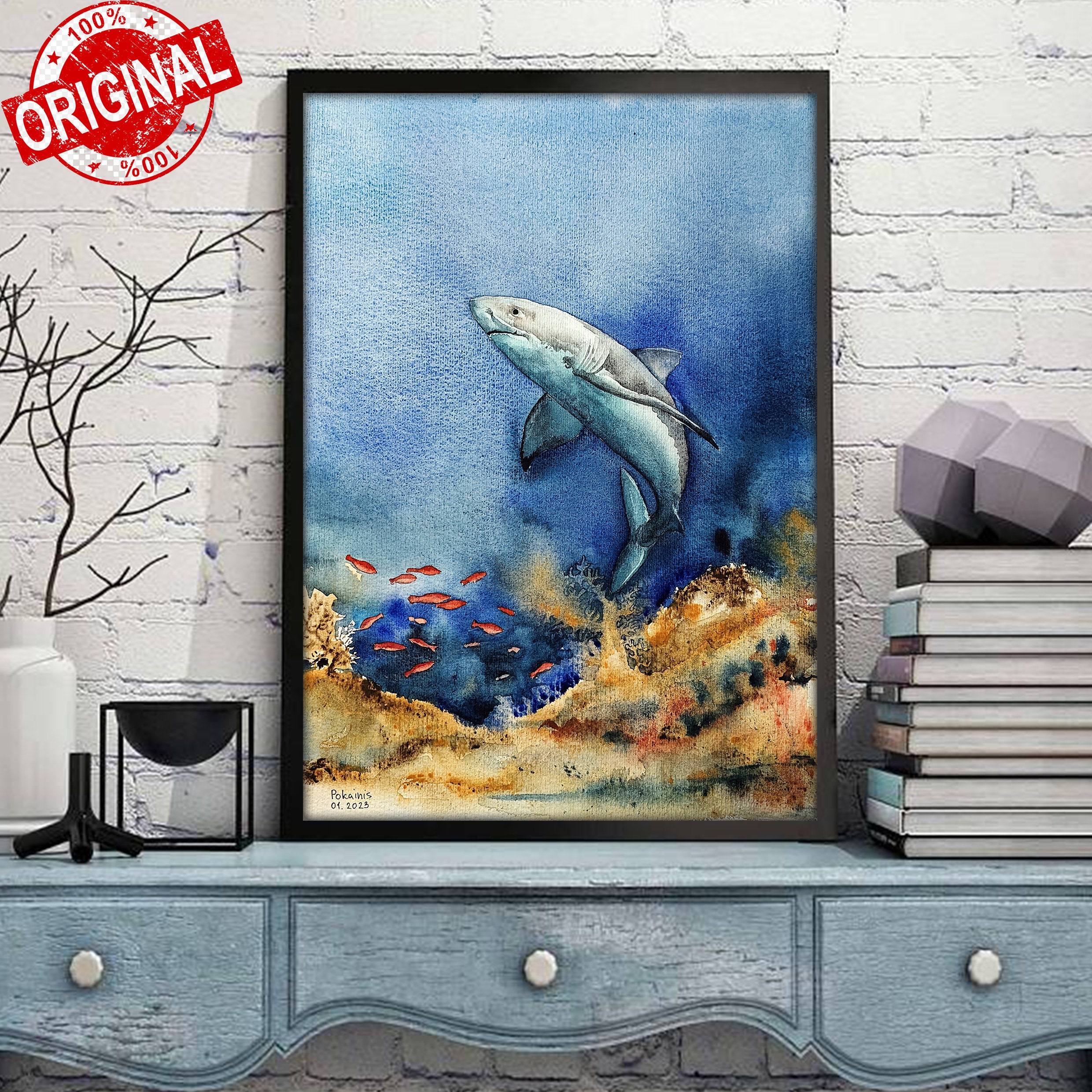 おっちページです　海　ホオジロザメ　珊瑚　レジンアート　原画　絵画 おっちページです 海 ホオジロザメ 珊瑚 レジンアート 原画 絵画 おっ