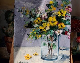 小さなオリジナルの油絵、花の静物画の壁画、植物のアートワーク、花瓶