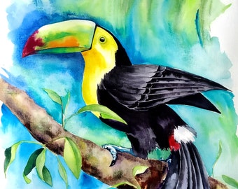 Toucan painting, bird of paradise, watercolor birds, bird watcher gifts, bird lover gift, tropical wall art, original watercolor painting