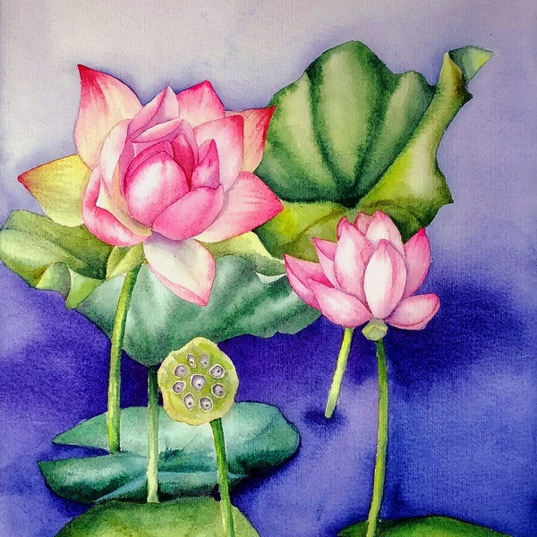 Peinture de lotus, peinture de nénuphar, art mural floral, aquarelle de lotus, peinture de bassin de nénuphars, art botanique, peinture d'étang, oeuvre d'art originale