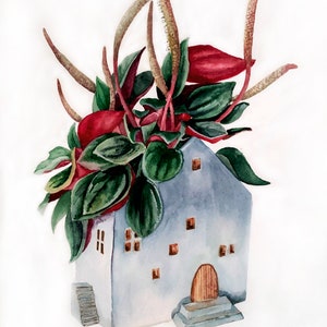 Dipinto ad acquerello botanico originale, regalo per gli amanti delle piante, dipinto di natura morta floreale, foglie acquerellate, arte murale con piante, arte murale con vegetazione