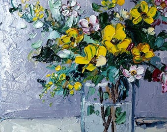 小さなオリジナルの油絵、花の静物画の壁画、植物のアートワーク、花瓶