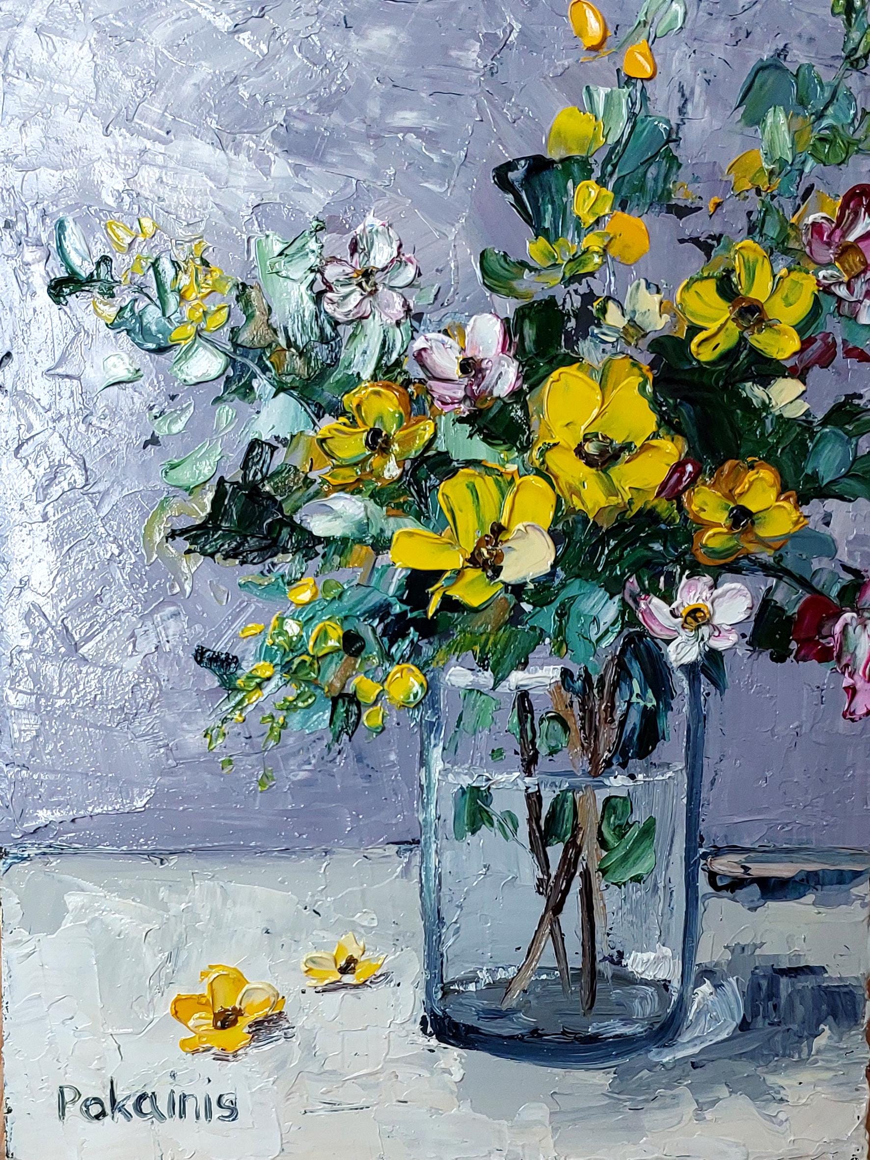 小さなオリジナルの油絵、花の静物画の壁画、植物のアートワーク、花瓶