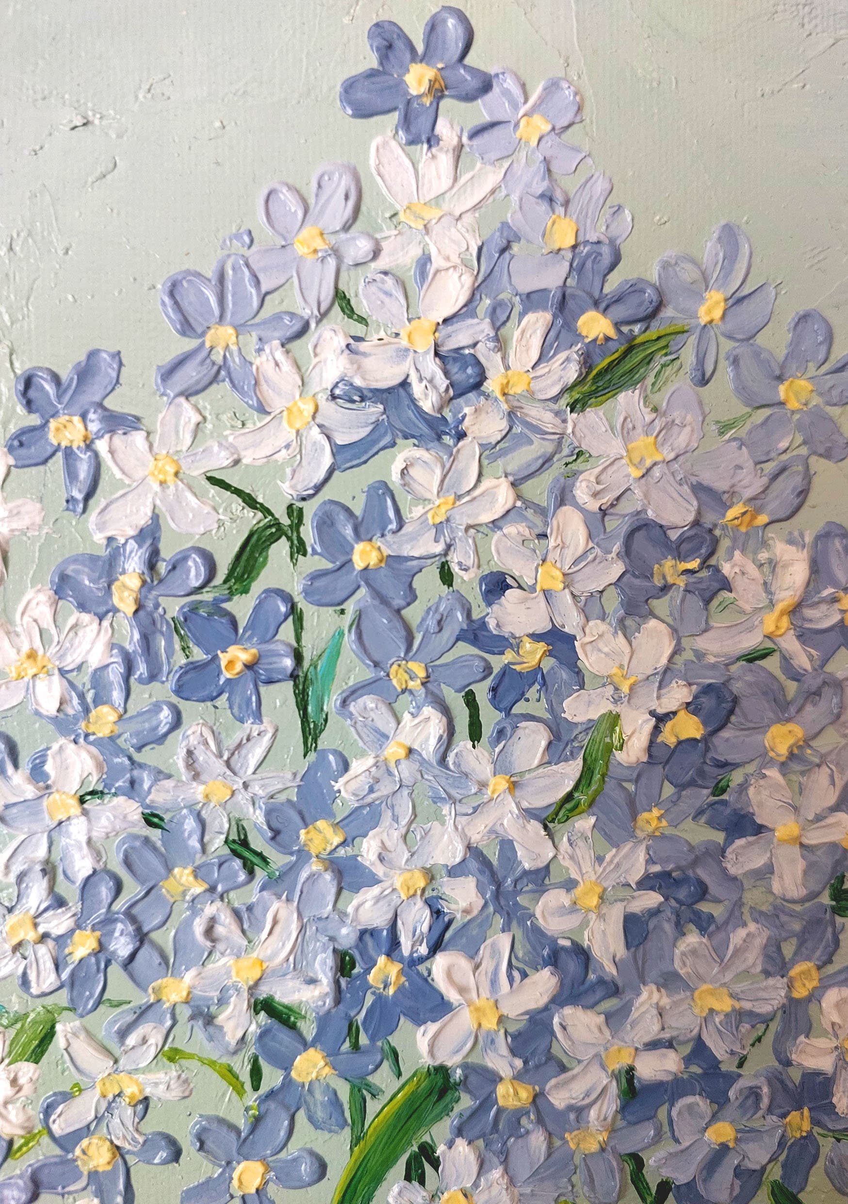 忘れな草の油絵、オリジナルアートワークの厚塗り油絵、野生の花
