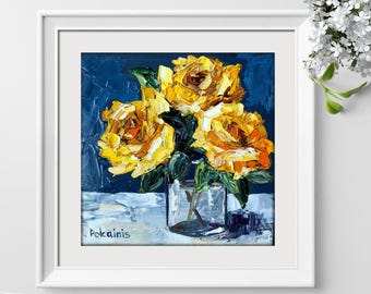 黄色いバラのオリジナル油絵、花の壁掛けアート、厚塗り油絵、植物画
