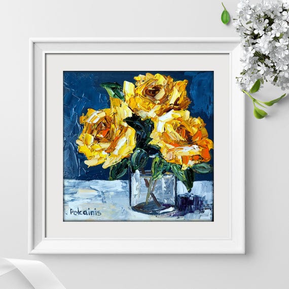 黄色いバラのオリジナル油絵、花の壁アート、厚塗りの油絵、植物の