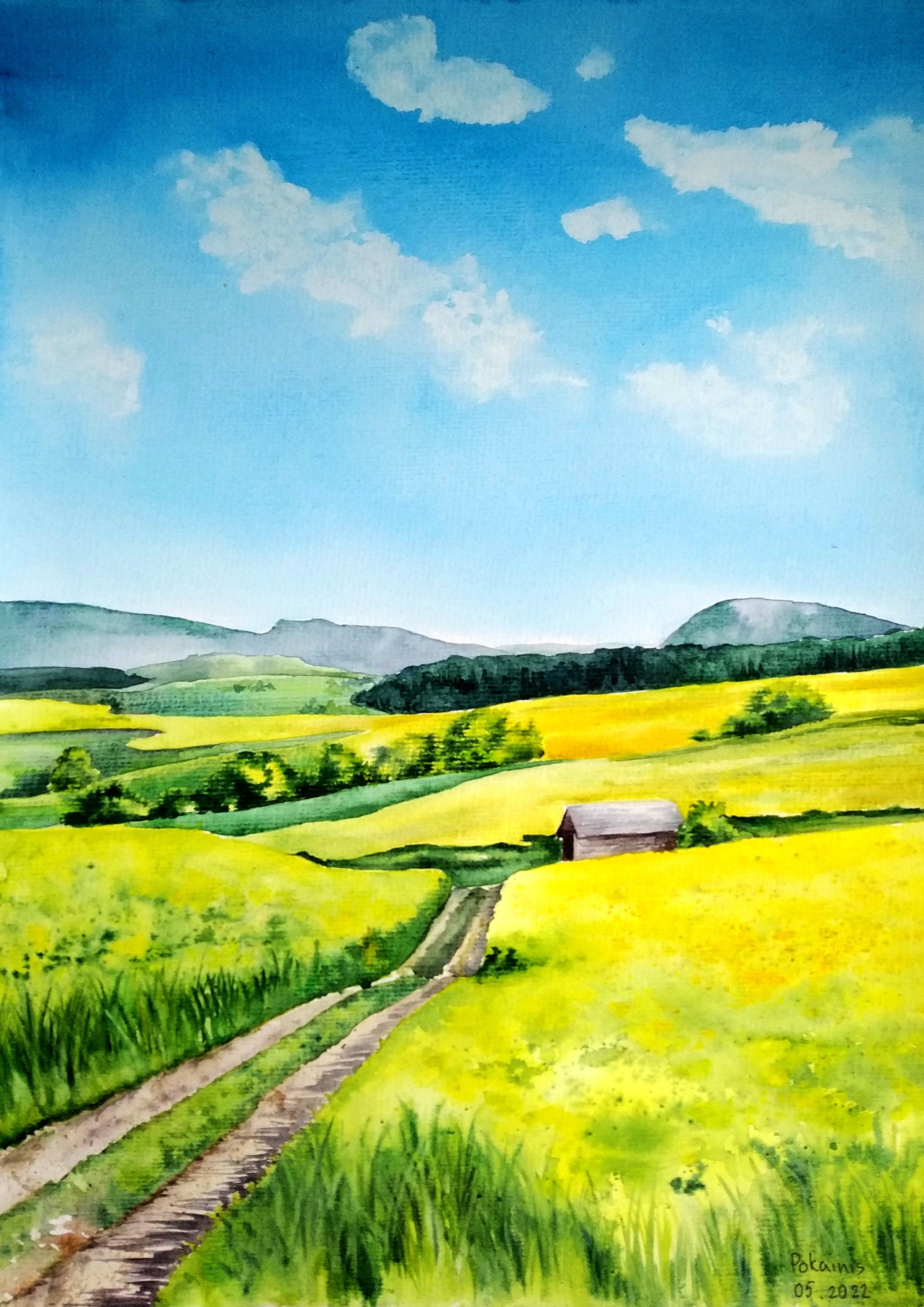 風景画、オリジナル水彩画、ひまわり画、牧草地画、田舎の絵
