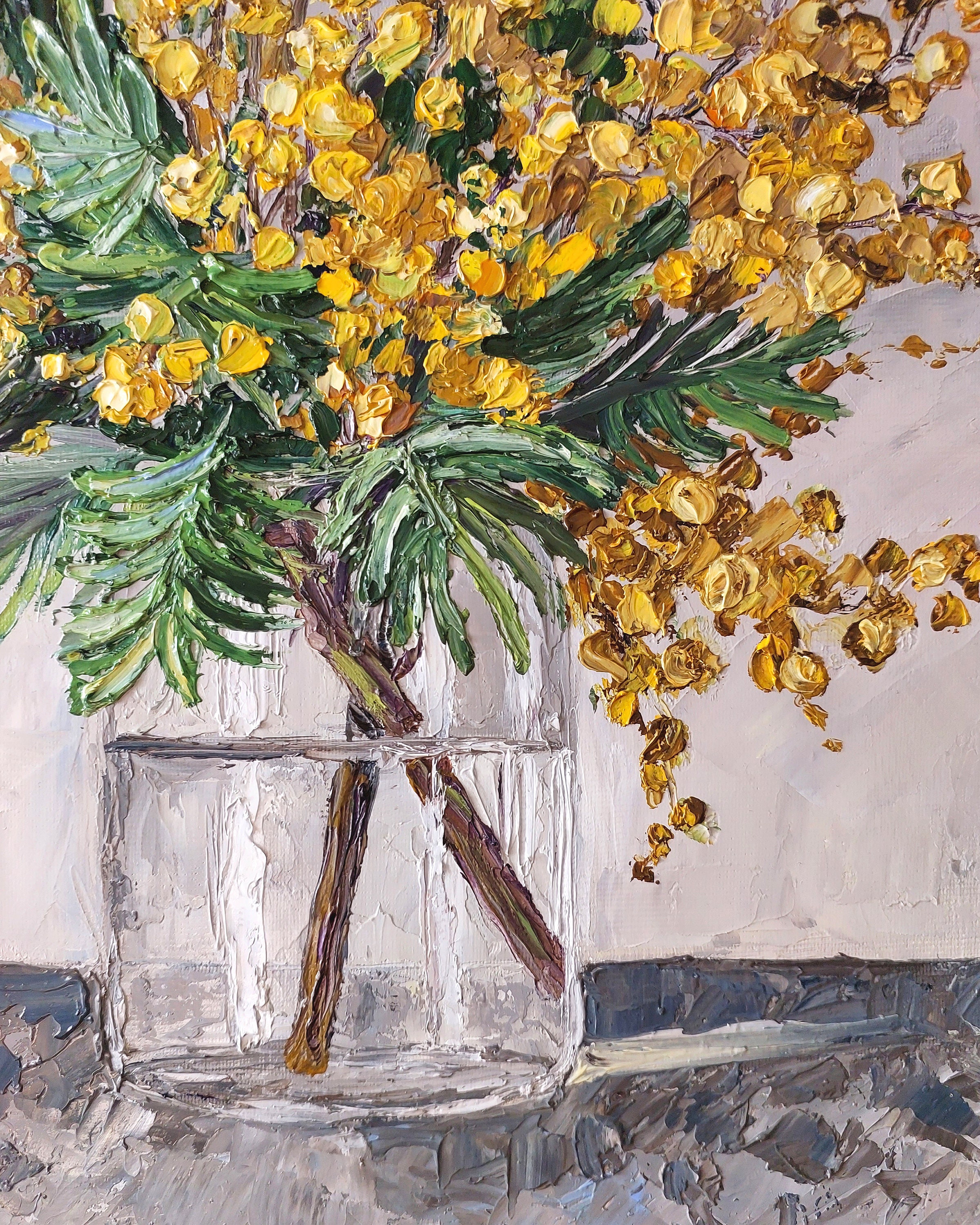 オリジナルの厚塗り油絵、花の静物画、植物のアートワーク、ミモザの
