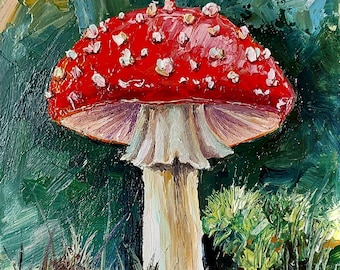 Small original oil painting, botanical artwork, flyagaric painting, Red mushrooms fine art, forest tiny painting, impasto oil wall art